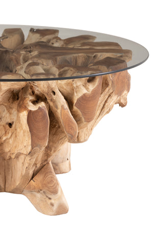 Table Basse Ronde en Bois de Teck et Plateau Verre