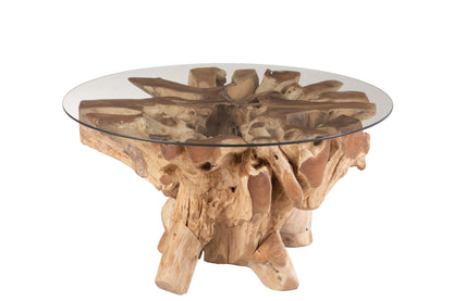 Table Basse Ronde en Bois de Teck et Plateau Verre