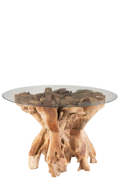 Table Ronde à Manger en Bois de Teck et Plateau Verre