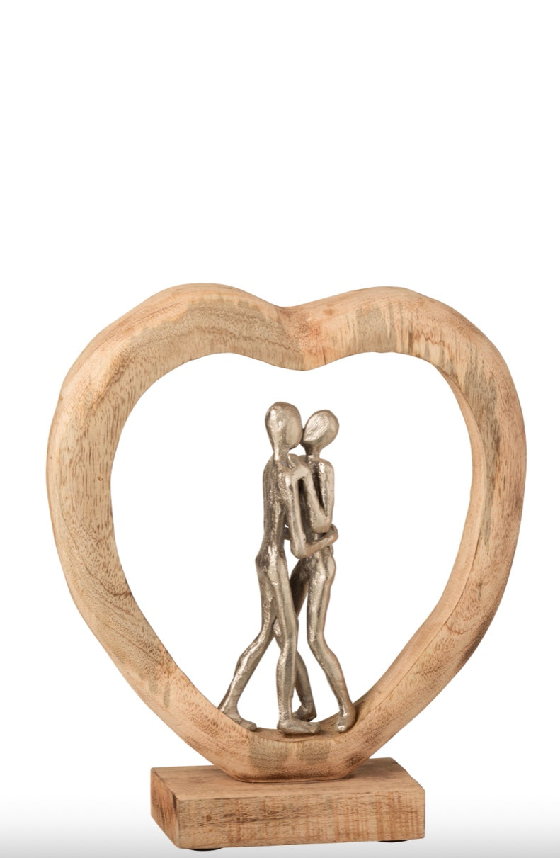 Sculpture Couple Cœur en bois de manguier & aluminium naturel argent