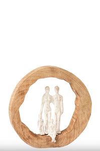 Sculpture Famille en bois de manguier & aluminium naturel argent