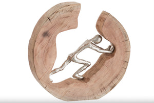 Sculpture Personnage en bois de manguier et aluminium naturel argent