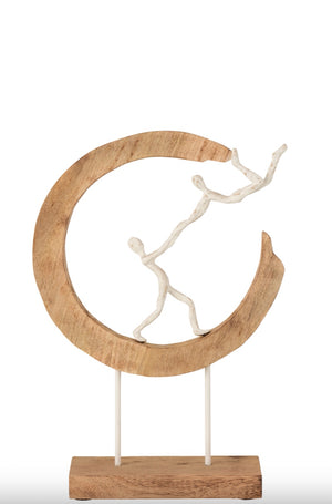Sculpture Couple en bois de manguier et en aluminium naturel blanc